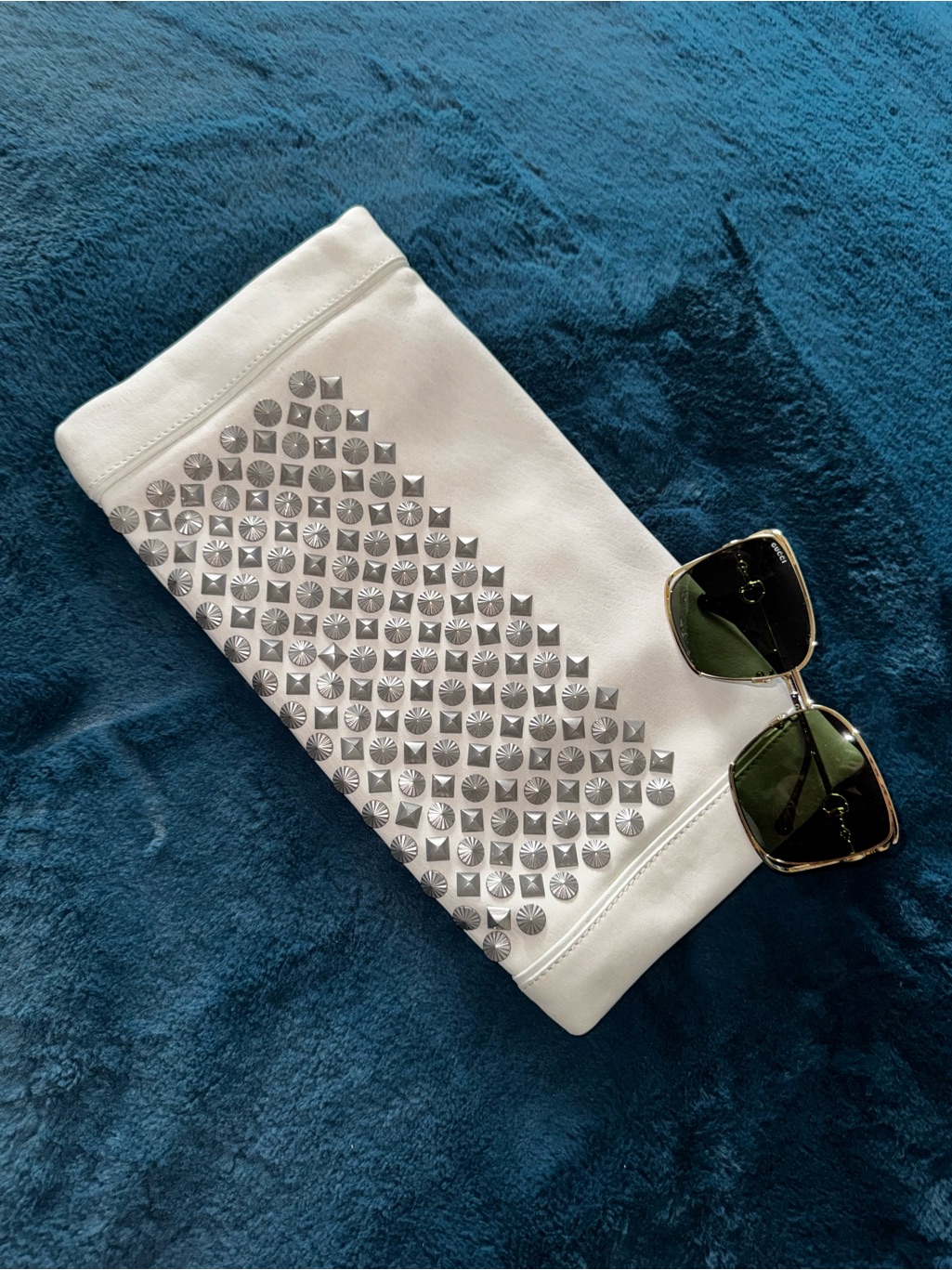 Ash Platinum Off-White Leather Studded Foldover Zip-Top Clutch Euc Gorgeous!